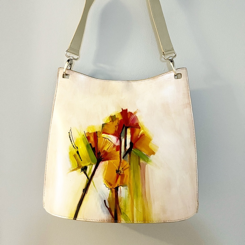 Bambas hand painted leather cream floral design shoulder bag purse